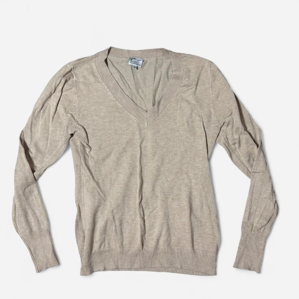 Ciela Womens Tan V-Neck Sweater Minimalist Fall Knit Top Cream Small